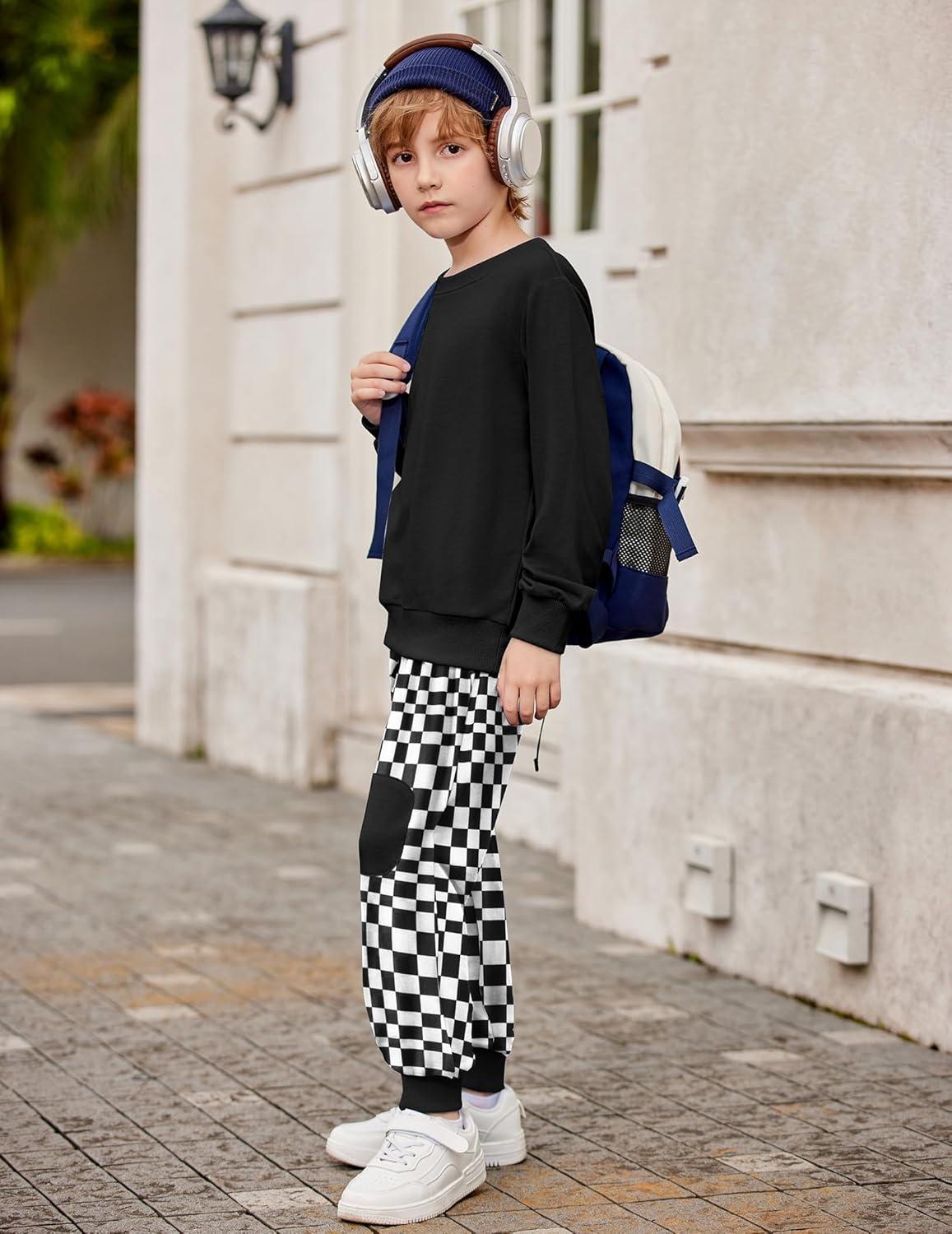 image:imageArshiner Boys Pant Sets Long Sleeve Black Shirts and Plaid Pants Crewneck Sweatshirt for Fall Winter 34T