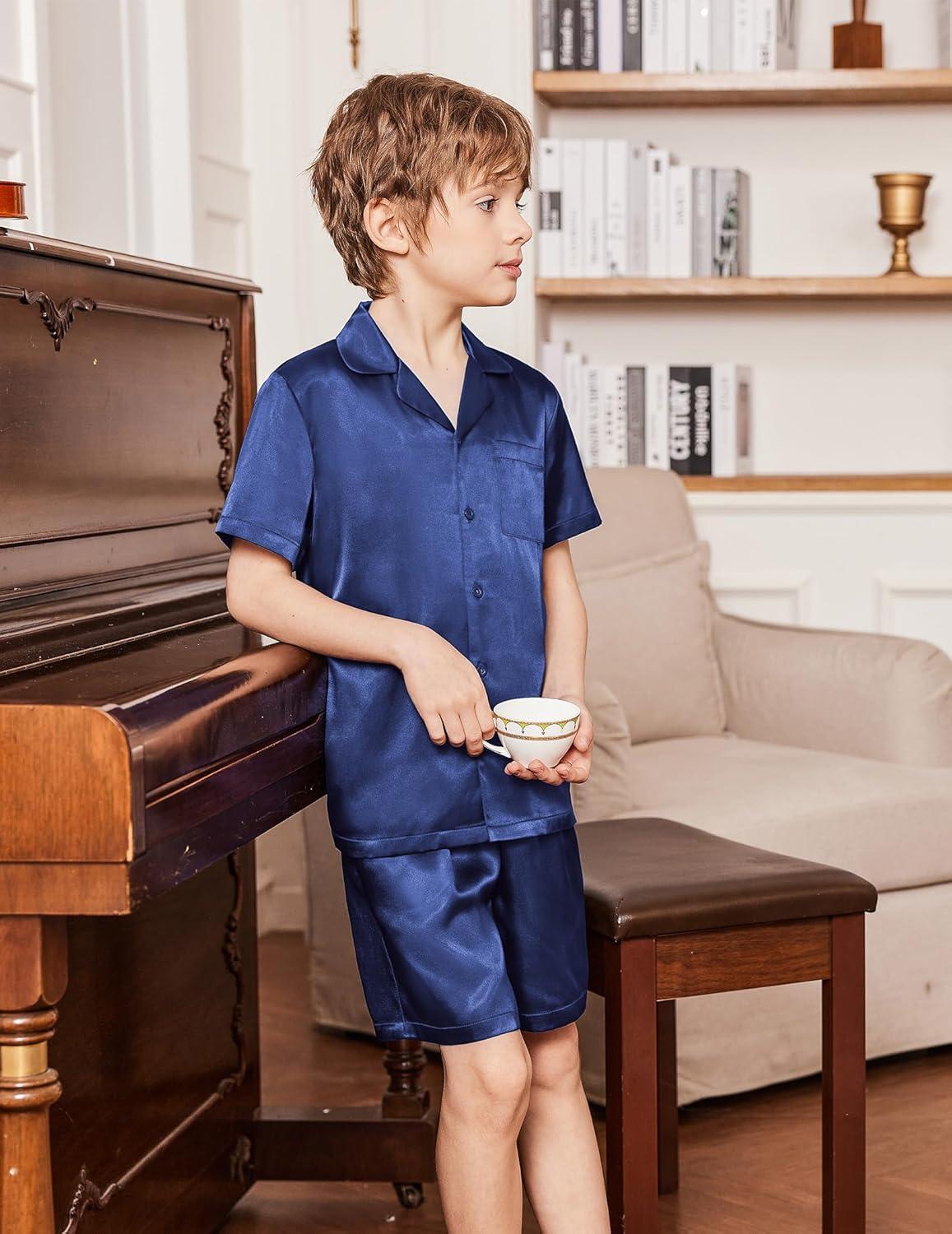 image:imageArshiner Boys Silk Pajamas Set Short Sleeve Button Down Satin Pjs for 413 YearsNavy Blue