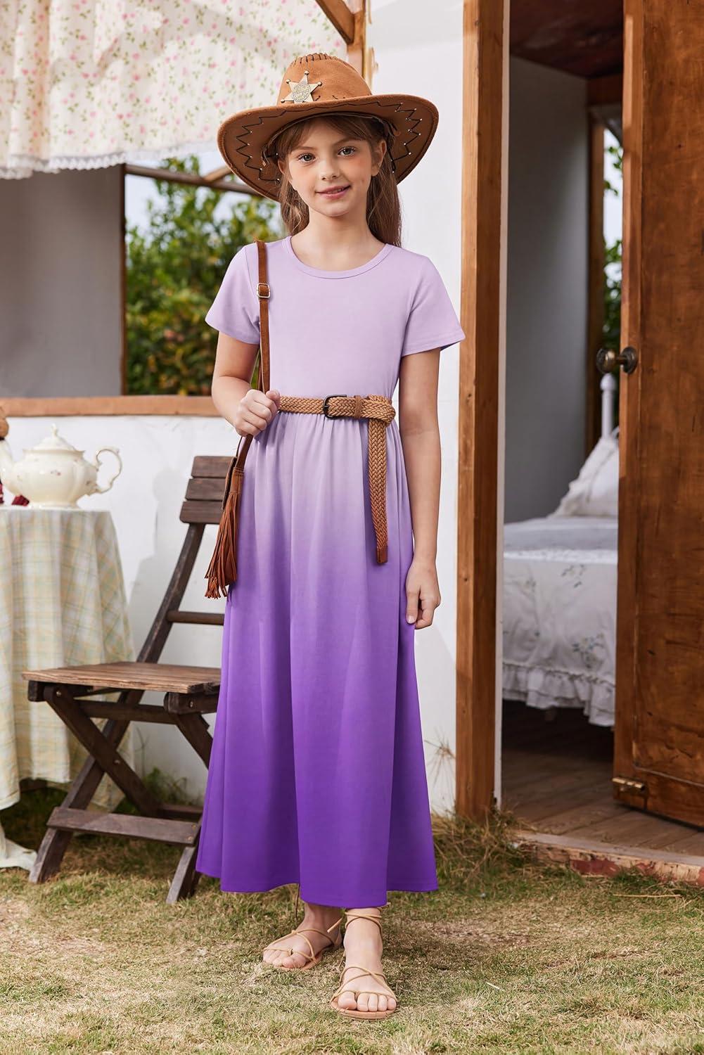 image:imageArshiner Girls Maxi Dress LongShort Sleeve Casual Holiday Dress with Pockets for 513 YearsShort Sleeve Purple Gradient