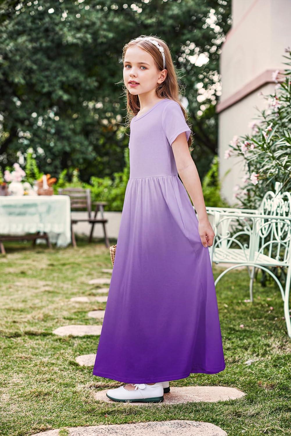 image:imageArshiner Girls Maxi Dress LongShort Sleeve Casual Holiday Dress with Pockets for 513 YearsShort Sleeve Purple Gradient