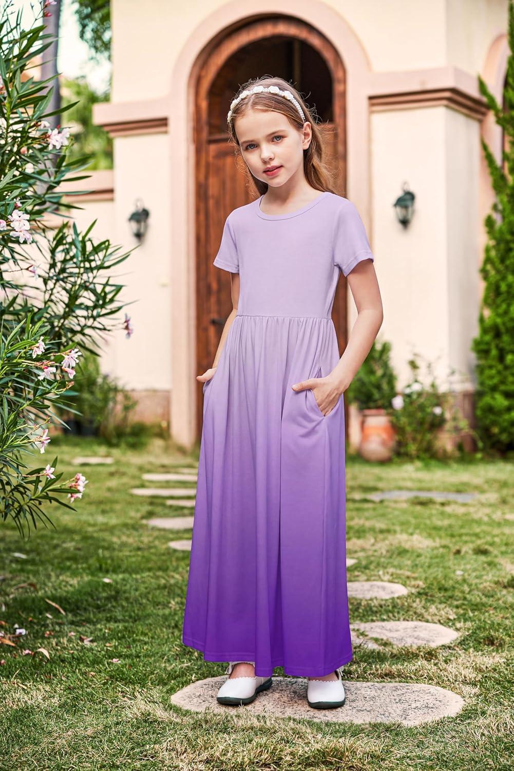 image:imageArshiner Girls Maxi Dress LongShort Sleeve Casual Holiday Dress with Pockets for 513 YearsShort Sleeve Purple Gradient