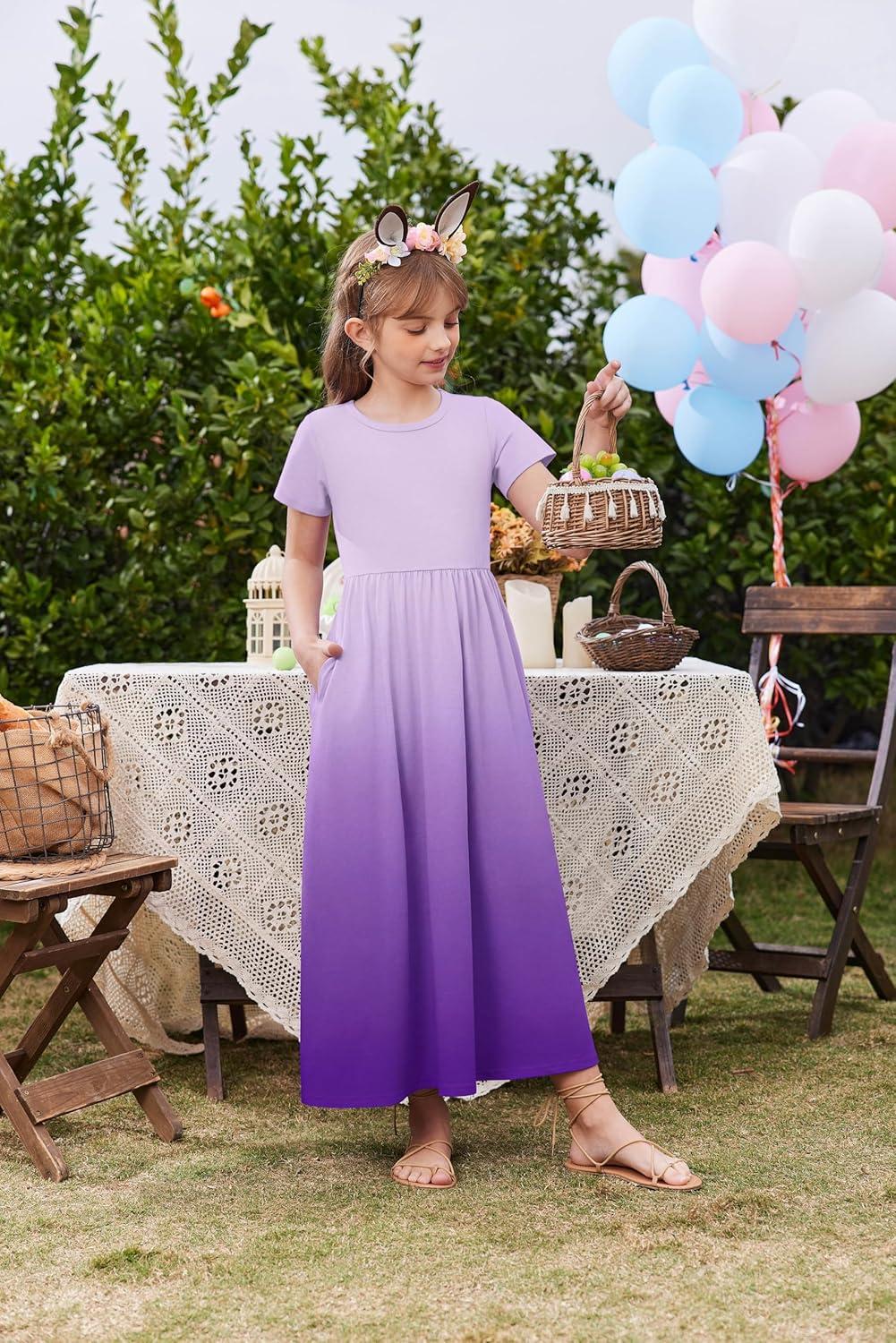 image:imageArshiner Girls Maxi Dress LongShort Sleeve Casual Holiday Dress with Pockets for 513 YearsShort Sleeve Purple Gradient
