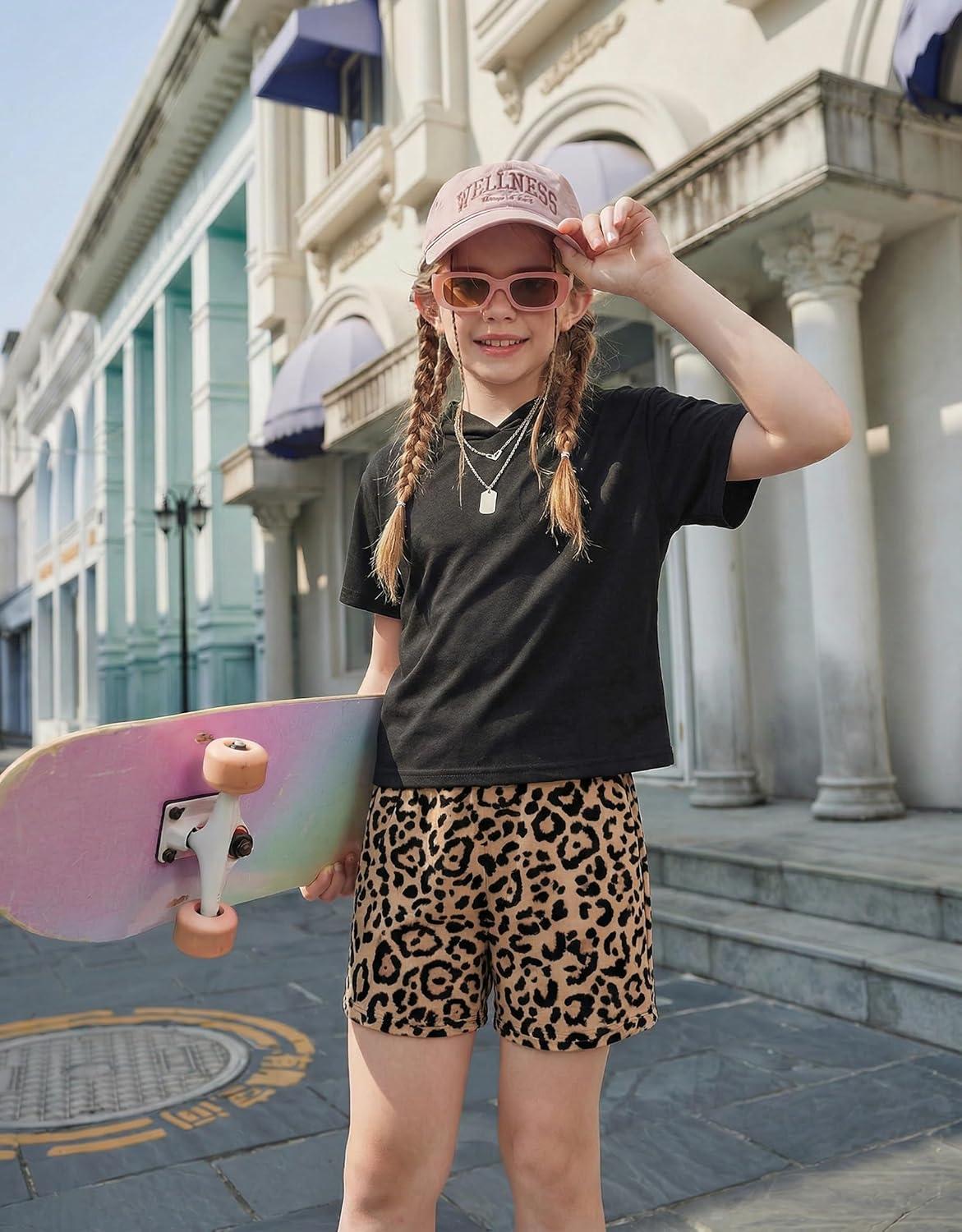 image:imageArshiner Girls Summer Outfits 2 Piece Set Drop Shoulder Hooded Top and Elastic Waist Shorts Loose Fit 614 YearsClassic Leopard