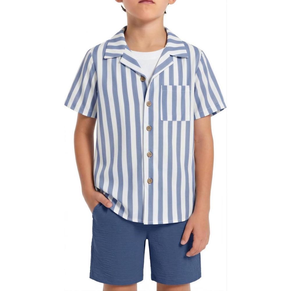 image:imageArshiner Boys 2 Piece Hawaiian Outfits Button Down Shirt and Shorts Set Summer Vacation Clothes for 512 YearsBlue White StripeNavy