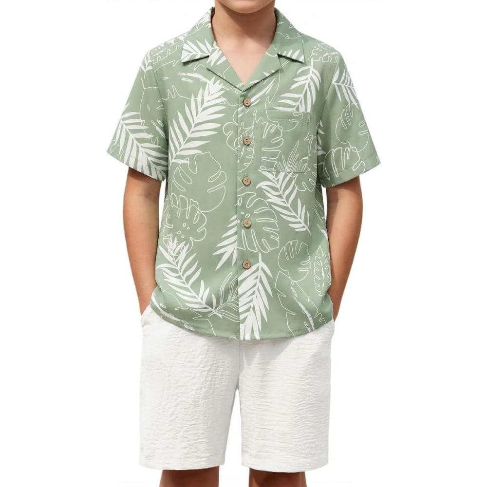 image:imageArshiner Boys 2 Piece Hawaiian Outfits Button Down Shirt and Shorts Set Summer Vacation Clothes for 512 YearsGreenWhite Leaf