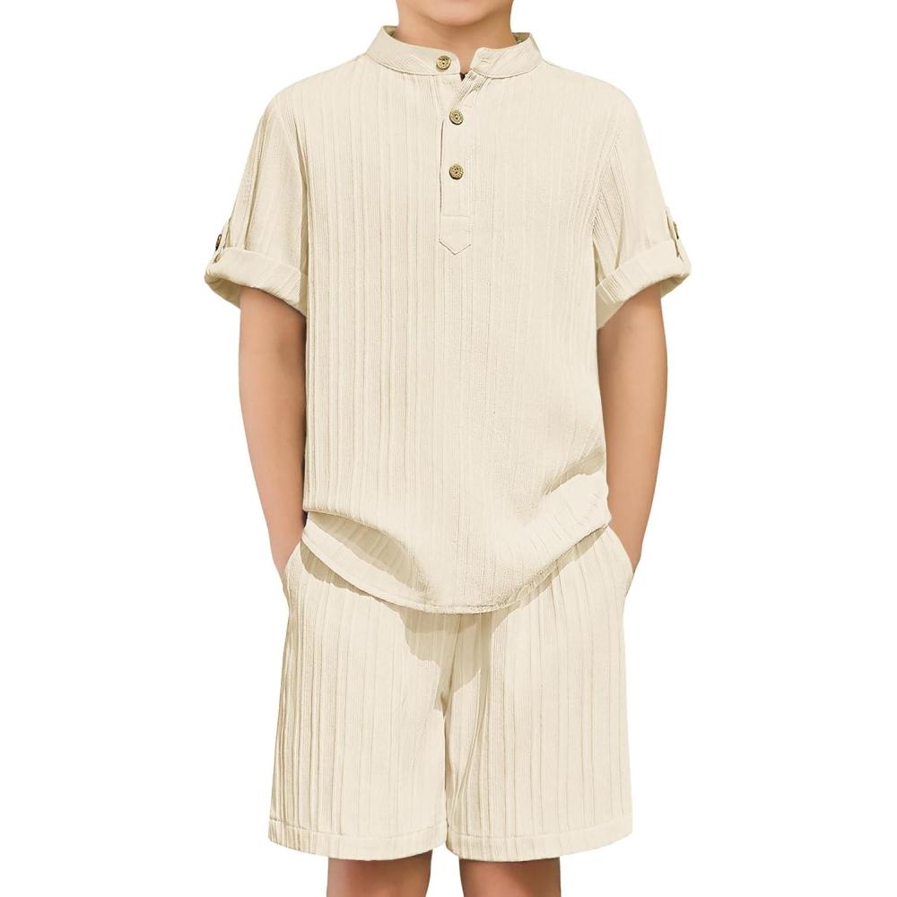 image:imageArshiner Boys 2 Piece Summer Beach Outfits Textured Henley Shirts and Shorts Set Casual Vacation Clothes for 412 Years KidsBeige