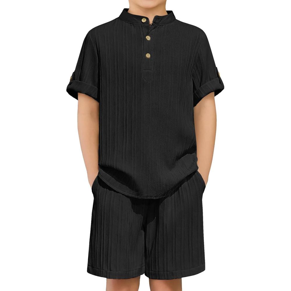image:imageArshiner Boys 2 Piece Summer Beach Outfits Textured Henley Shirts and Shorts Set Casual Vacation Clothes for 412 Years KidsBlack
