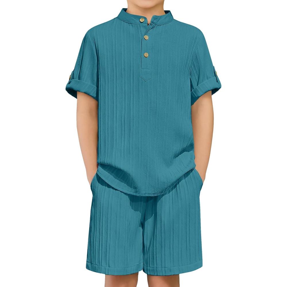 image:imageArshiner Boys 2 Piece Summer Beach Outfits Textured Henley Shirts and Shorts Set Casual Vacation Clothes for 412 Years KidsBlue Green