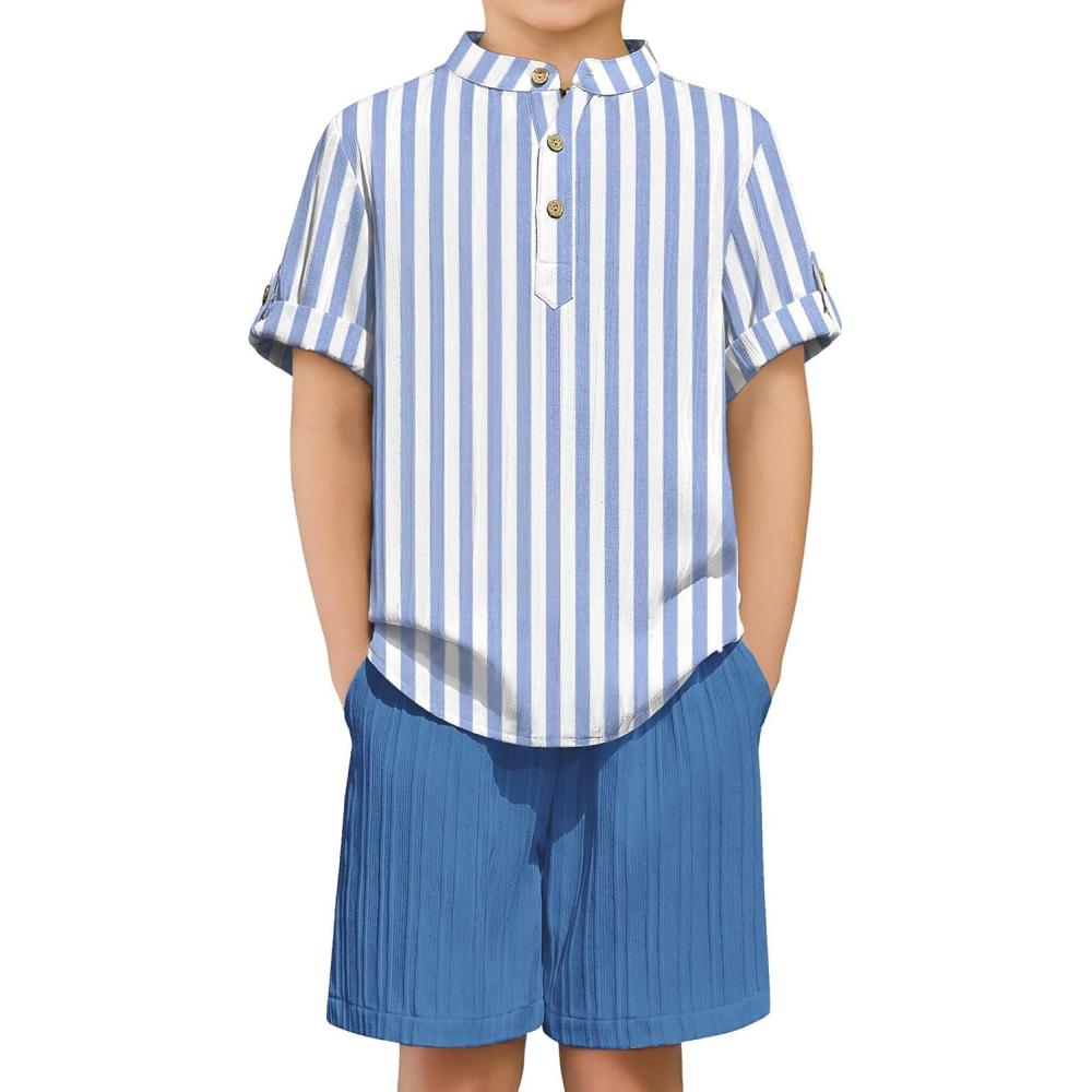 image:imageArshiner Boys 2 Piece Summer Beach Outfits Textured Henley Shirts and Shorts Set Casual Vacation Clothes for 412 Years KidsBlue Stripesblue