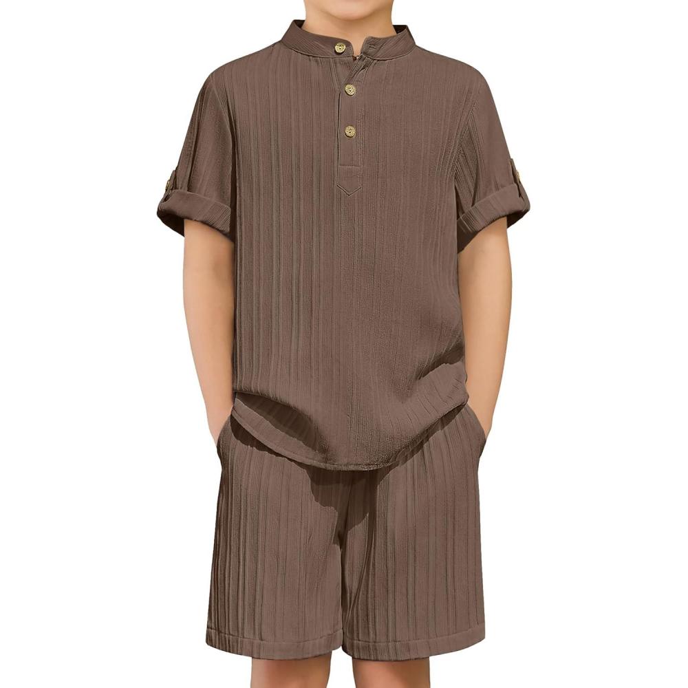 image:imageArshiner Boys 2 Piece Summer Beach Outfits Textured Henley Shirts and Shorts Set Casual Vacation Clothes for 412 Years KidsBrown