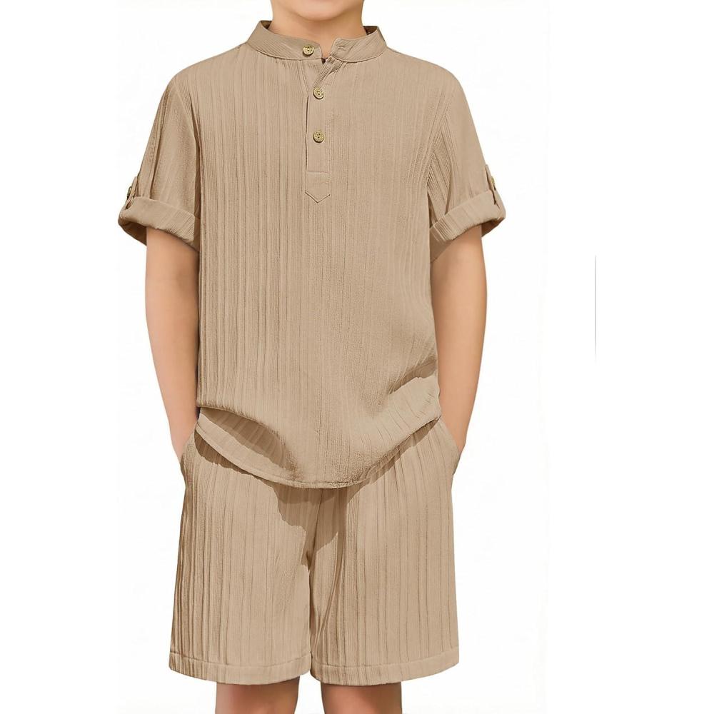 image:imageArshiner Boys 2 Piece Summer Beach Outfits Textured Henley Shirts and Shorts Set Casual Vacation Clothes for 412 Years KidsKhaki