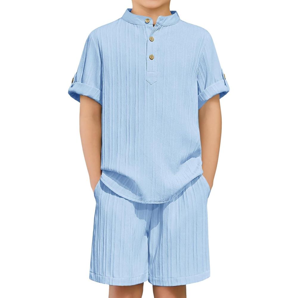 image:imageArshiner Boys 2 Piece Summer Beach Outfits Textured Henley Shirts and Shorts Set Casual Vacation Clothes for 412 Years KidsLight Blue