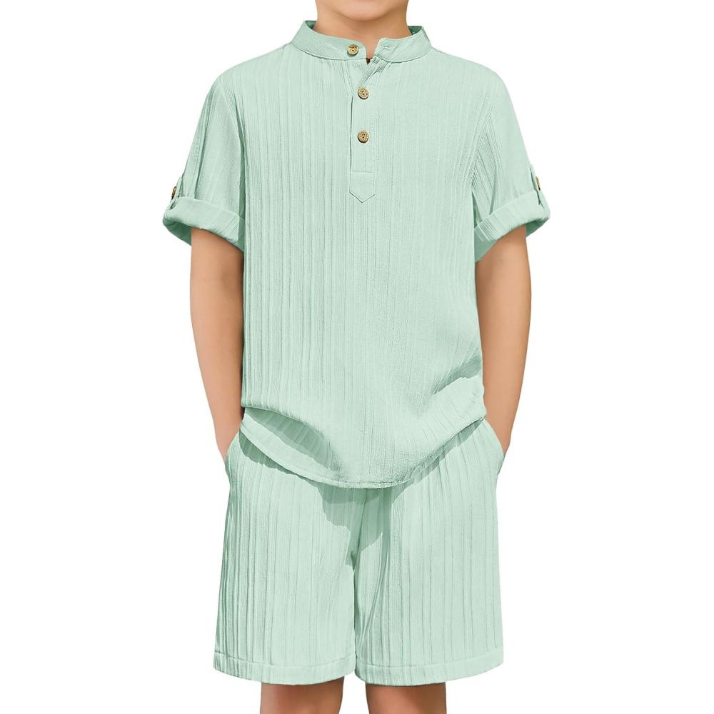 image:imageArshiner Boys 2 Piece Summer Beach Outfits Textured Henley Shirts and Shorts Set Casual Vacation Clothes for 412 Years KidsLight Green