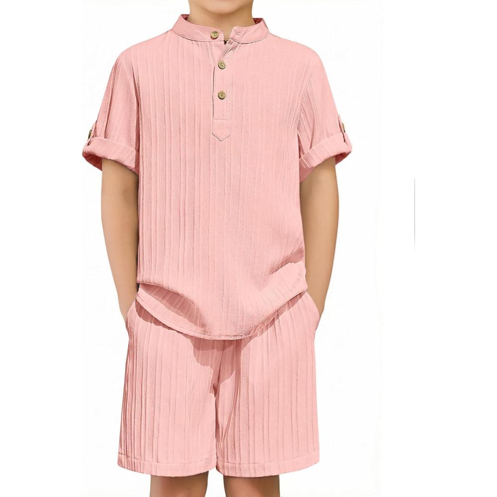image:imageArshiner Boys 2 Piece Summer Beach Outfits Textured Henley Shirts and Shorts Set Casual Vacation Clothes for 412 Years KidsLight Pink