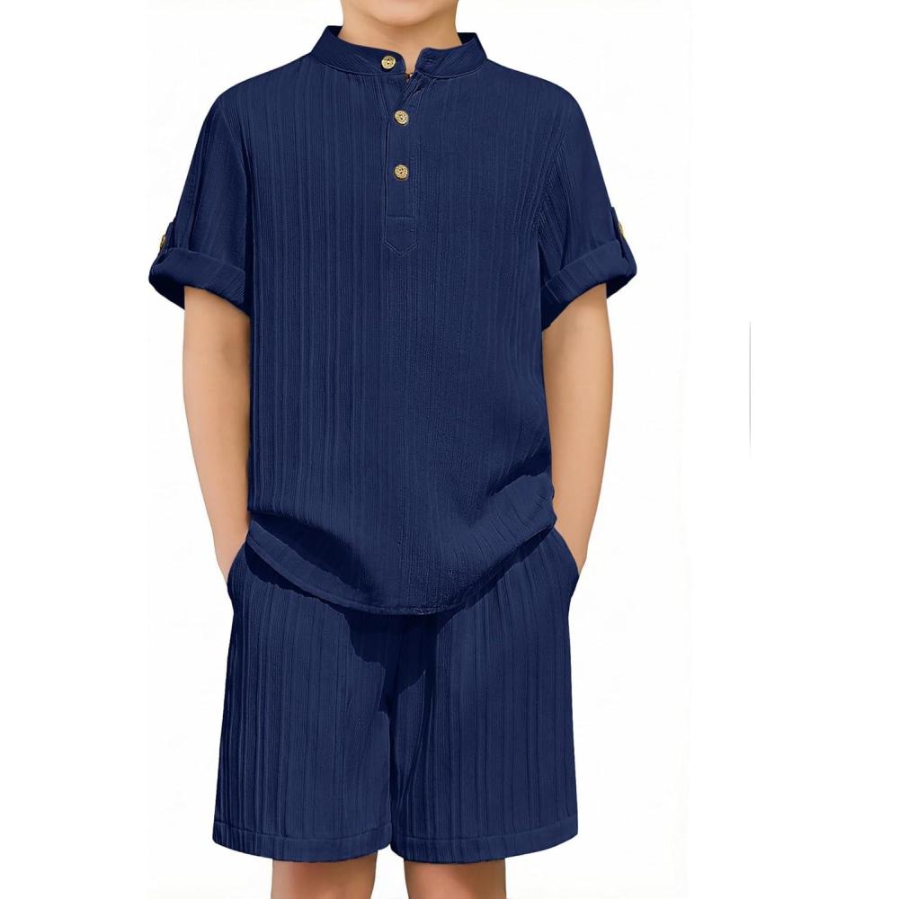 image:imageArshiner Boys 2 Piece Summer Beach Outfits Textured Henley Shirts and Shorts Set Casual Vacation Clothes for 412 Years KidsNavy Blue