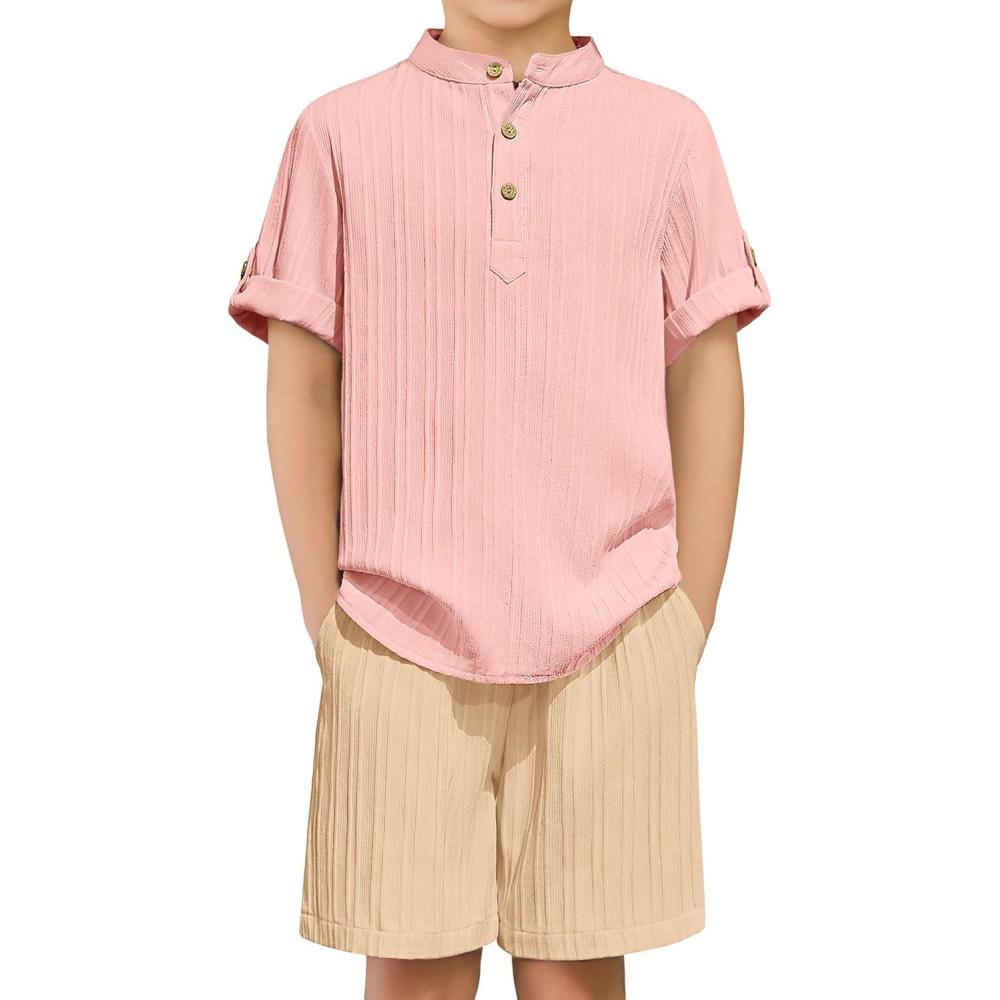image:imageArshiner Boys 2 Piece Summer Beach Outfits Textured Henley Shirts and Shorts Set Casual Vacation Clothes for 412 Years KidsPinkkhaki