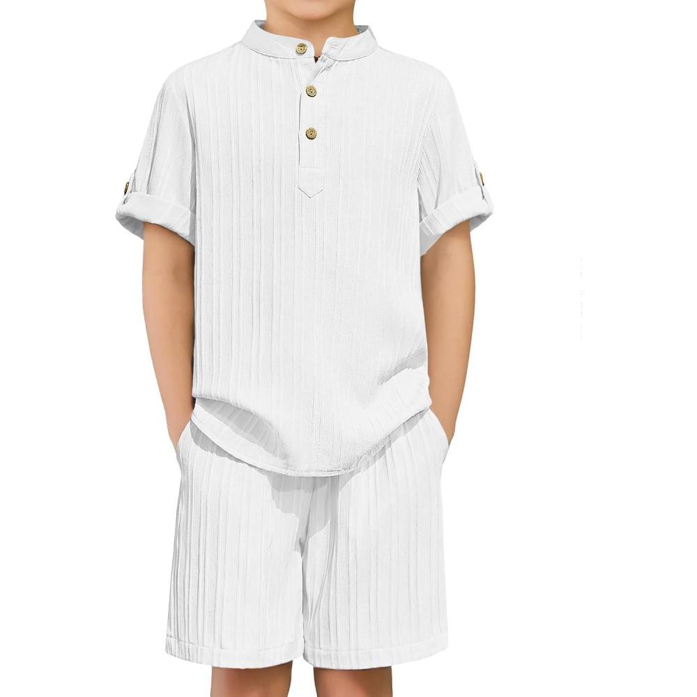 image:imageArshiner Boys 2 Piece Summer Beach Outfits Textured Henley Shirts and Shorts Set Casual Vacation Clothes for 412 Years KidsWhite