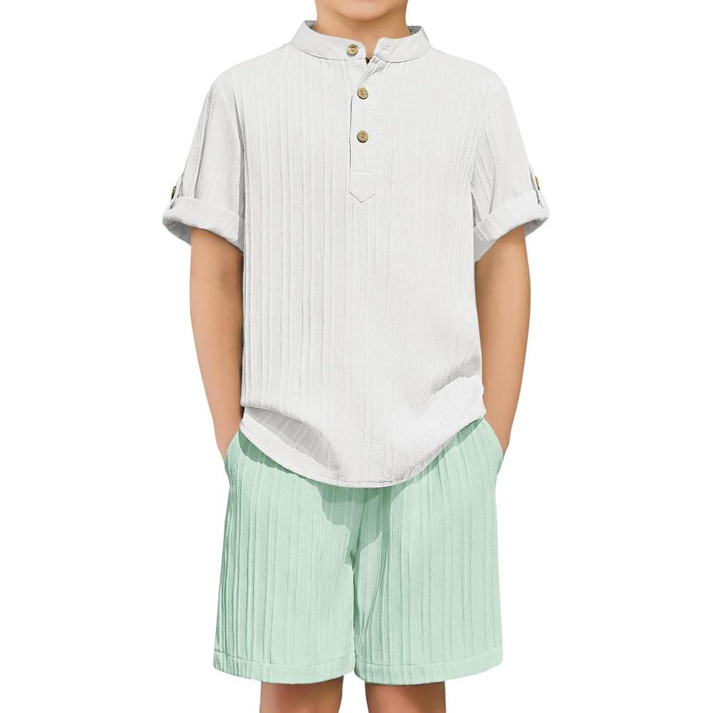 image:imageArshiner Boys 2 Piece Summer Beach Outfits Textured Henley Shirts and Shorts Set Casual Vacation Clothes for 412 Years KidsWhitegreen