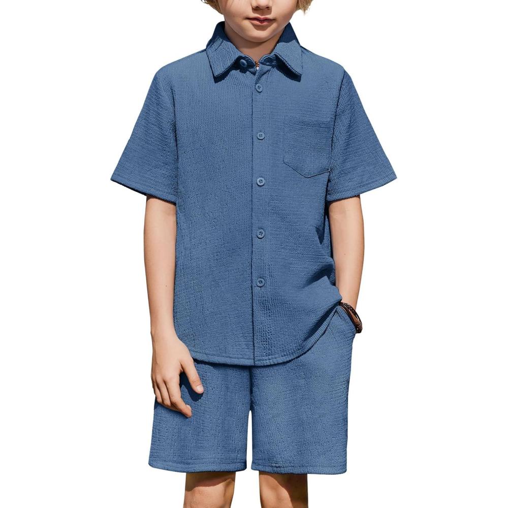 image:imageArshiner Boys 2 Pieces Summer Outfits Short Sleeve Button Down Shirts and Shorts Sets for Kids Vacation Beach Wear 512 YearsNavy Blue