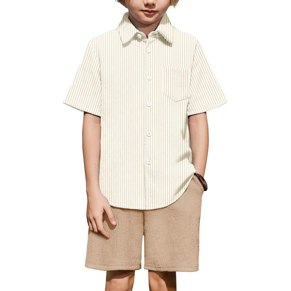 image:imageArshiner Boys 2 Pieces Summer Outfits Short Sleeve Button Down Shirts and Shorts Sets for Kids Vacation Beach Wear 512 YearsWhitekhaki Stripes