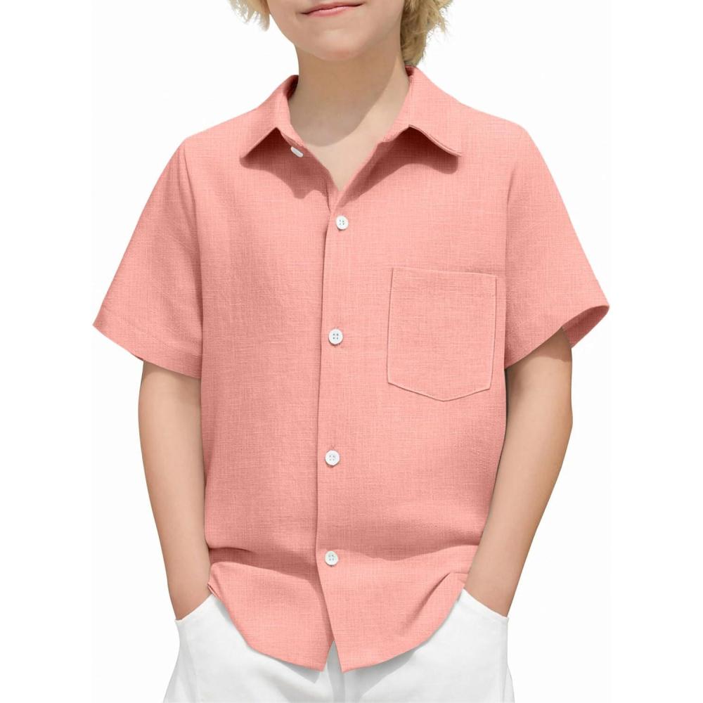 image:imageArshiner Boys Button Down Shirt 100 Cotton Short Sleeve Shirt Solid Summer Beach Shirts with Pocket Size 414 YearsPink