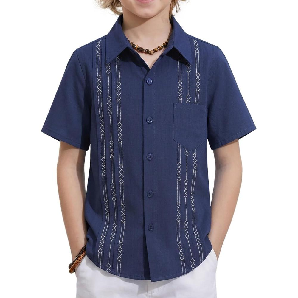 image:imageArshiner Boys Guayabera Shirt Short Sleeve Cotton Linen Button Down Shirt Summer Beach Tops with One PocketHeather Indigo