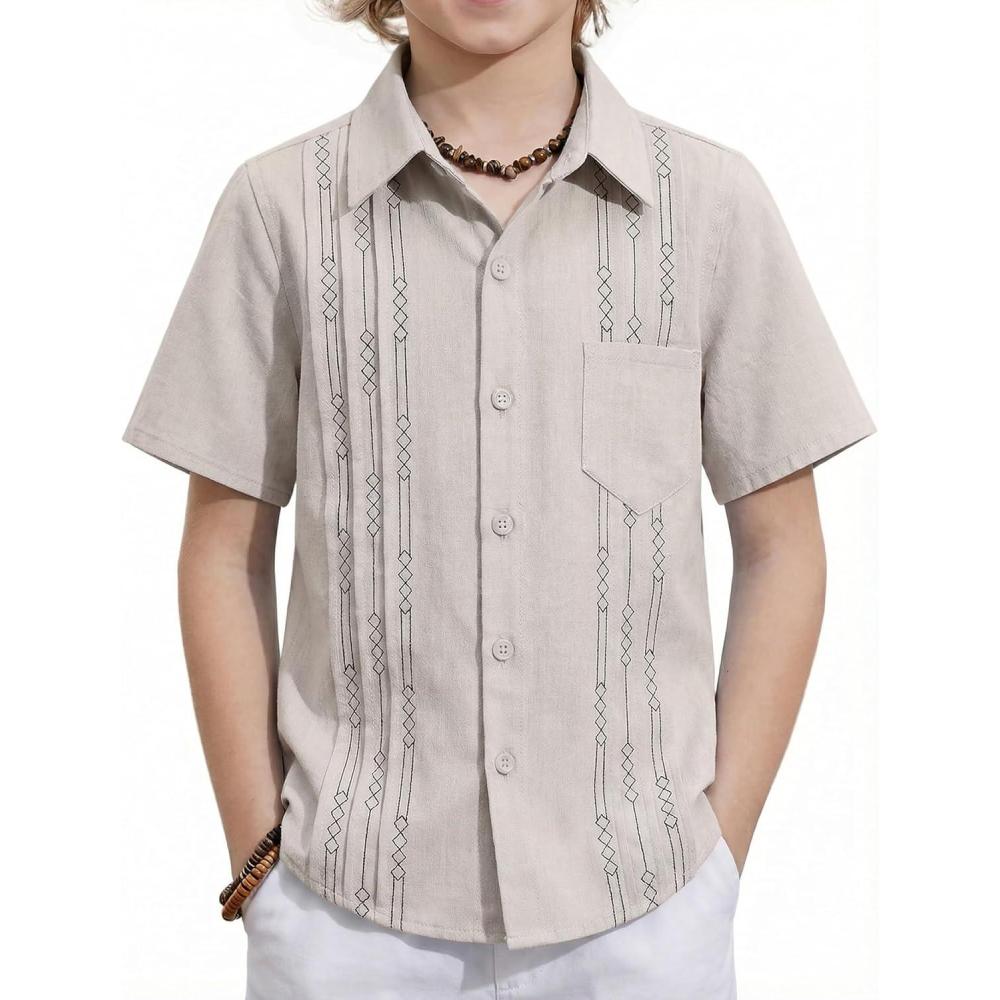 image:imageArshiner Boys Guayabera Shirt Short Sleeve Cotton Linen Button Down Shirt Summer Beach Tops with One PocketLight Khaki