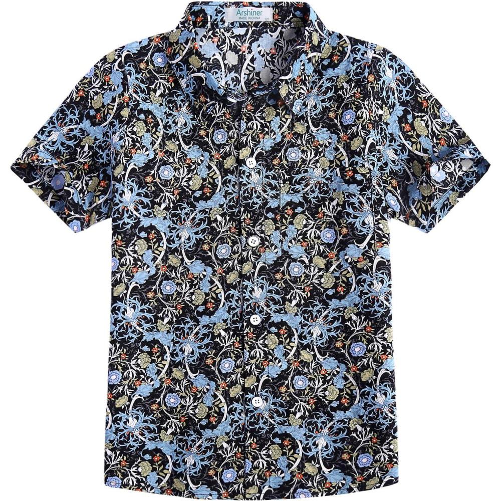 image:imageArshiner Boys Hawaiian Shirt Summer Tropical Button Down Shirt Short Sleeve Beach Shirt for Kids 100 Cotton Size 414 YearsBlack Floral Print