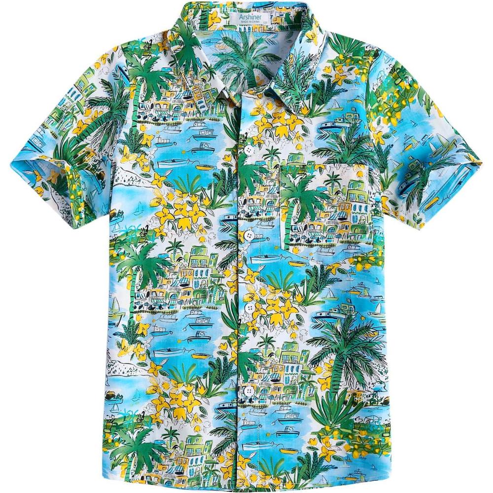 image:imageArshiner Boys Hawaiian Shirt Summer Tropical Button Down Shirt Short Sleeve Beach Shirt for Kids 100 Cotton Size 414 YearsBlue Coconut Tree Print