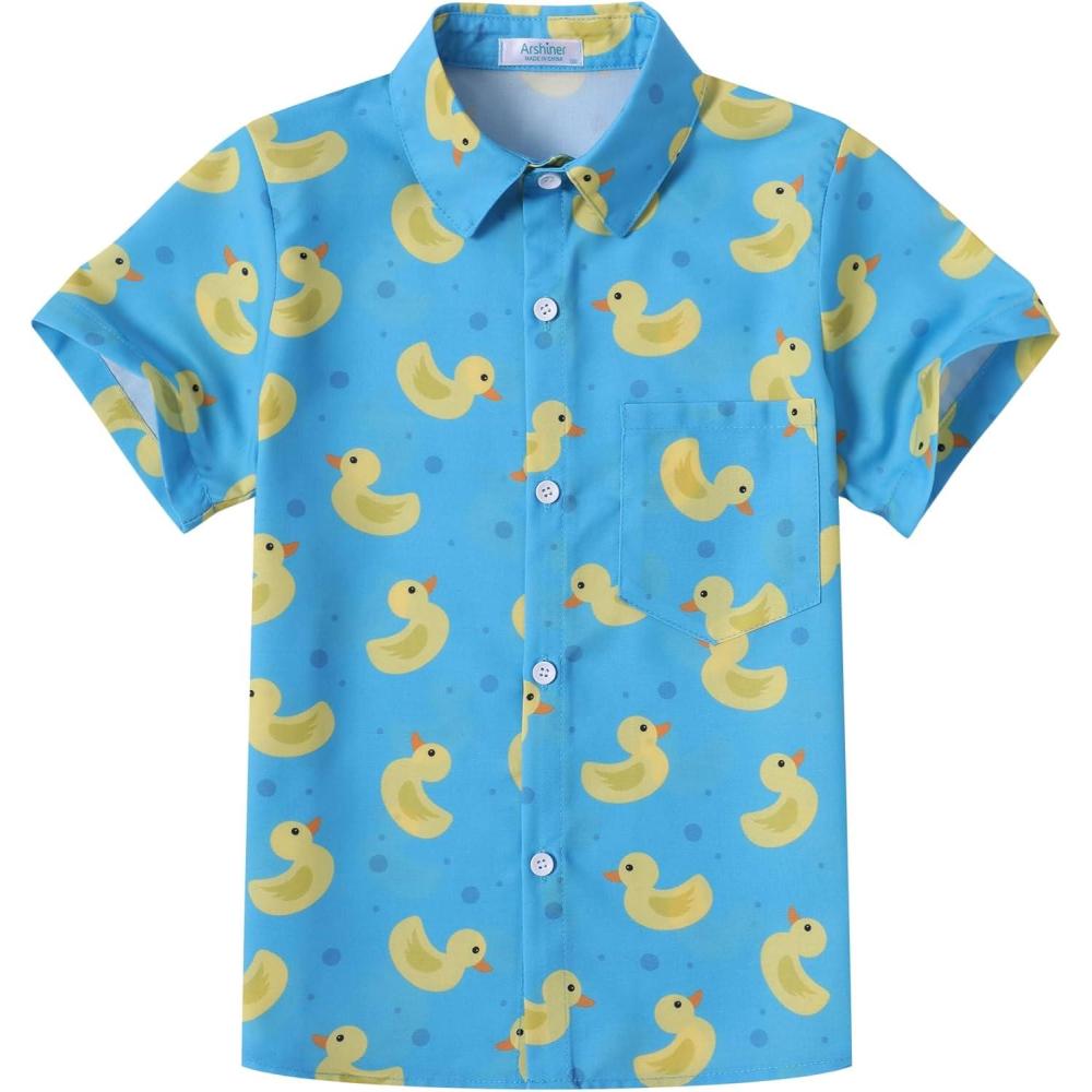 image:imageArshiner Boys Hawaiian Shirt Summer Tropical Button Down Shirt Short Sleeve Beach Shirt for Kids 100 Cotton Size 414 YearsBlue Yellow Duck Print