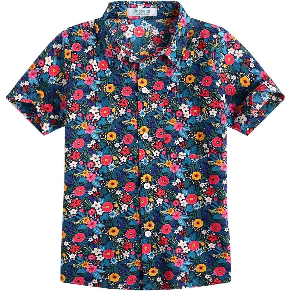 image:imageArshiner Boys Hawaiian Shirt Summer Tropical Button Down Shirt Short Sleeve Beach Shirt for Kids 100 Cotton Size 414 YearsNavy Floral Print