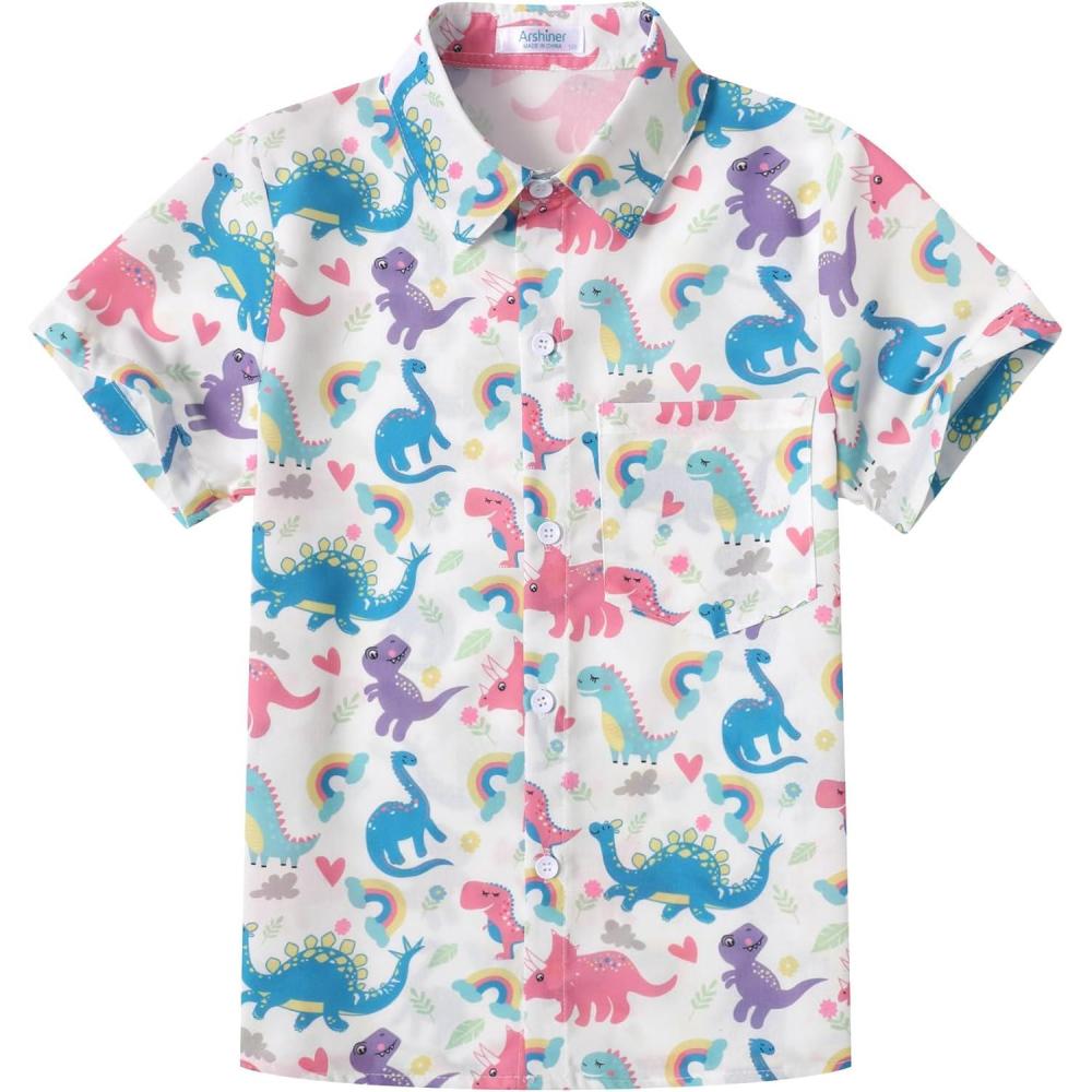image:imageArshiner Boys Hawaiian Shirt Summer Tropical Button Down Shirt Short Sleeve Beach Shirt for Kids 100 Cotton Size 414 YearsWhite Dinosaur Print