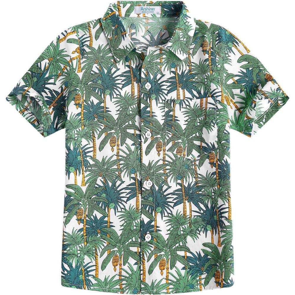 image:imageArshiner Boys Hawaiian Shirt Summer Tropical Button Down Shirt Short Sleeve Beach Shirt for Kids 100 Cotton Size 414 YearsWhite Palm Trees Print