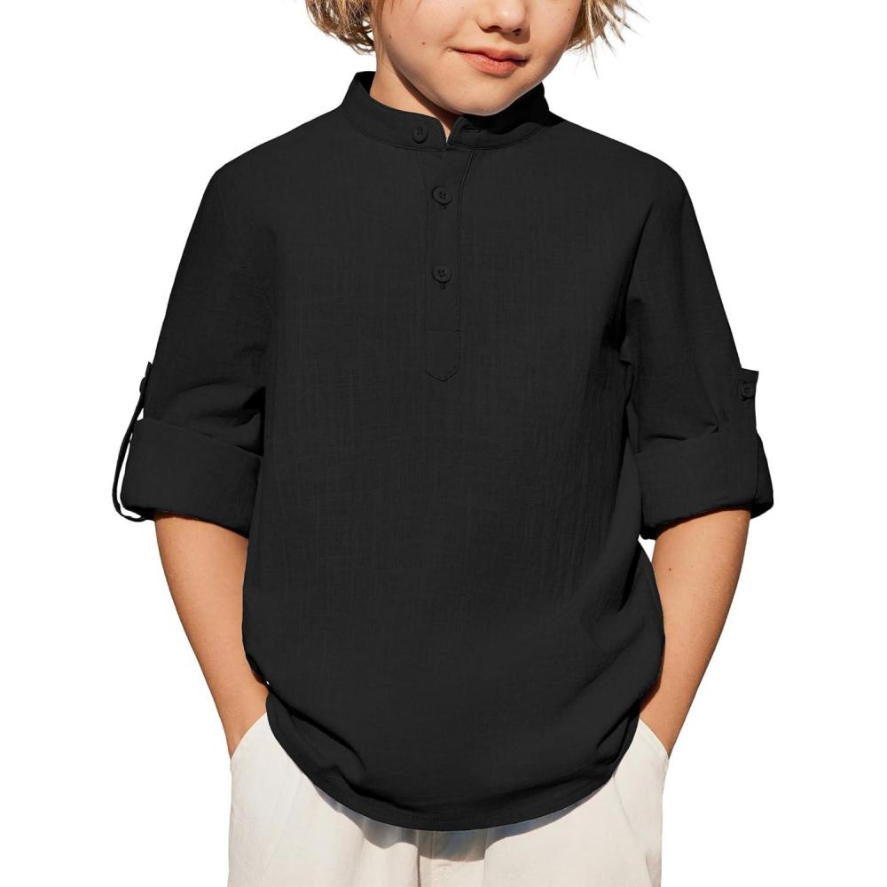 image:imageArshiner Boys Linen Henley Cotton Shirt Button Up Short Sleeve Beach Tee Casual Tops Size 412 YearsBlack