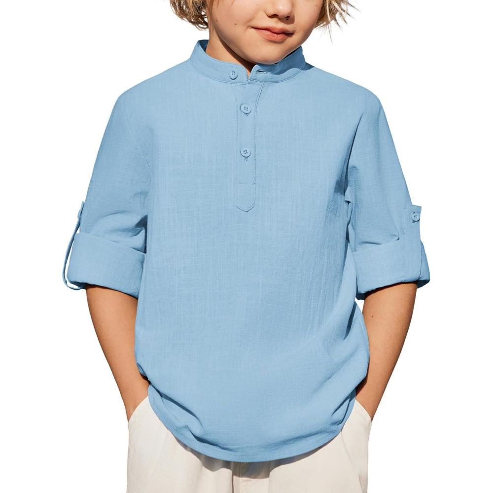 image:imageArshiner Boys Linen Henley Cotton Shirt Button Up Short Sleeve Beach Tee Casual Tops Size 412 YearsBlue