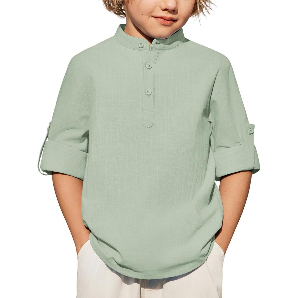 image:imageArshiner Boys Linen Henley Cotton Shirt Button Up Short Sleeve Beach Tee Casual Tops Size 412 YearsGreen