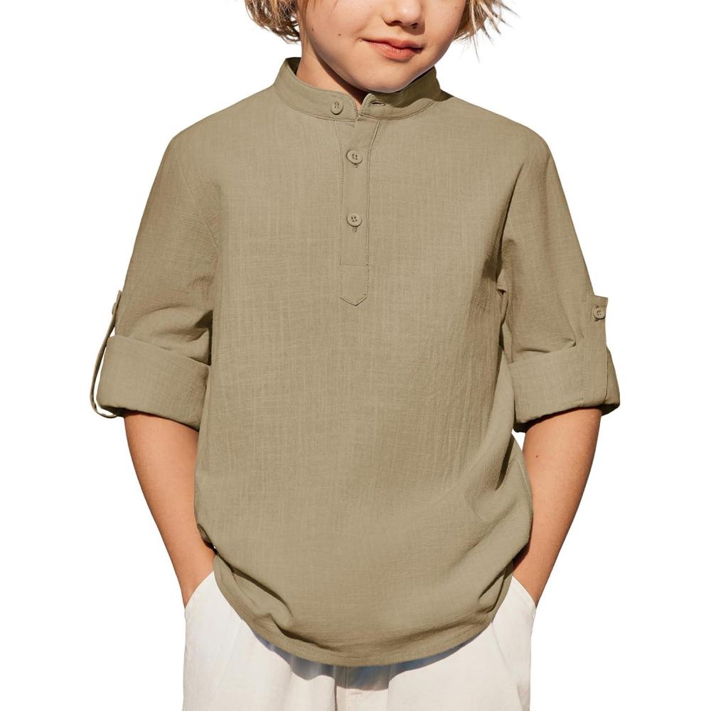 image:imageArshiner Boys Linen Henley Cotton Shirt Button Up Short Sleeve Beach Tee Casual Tops Size 412 YearsKhaki