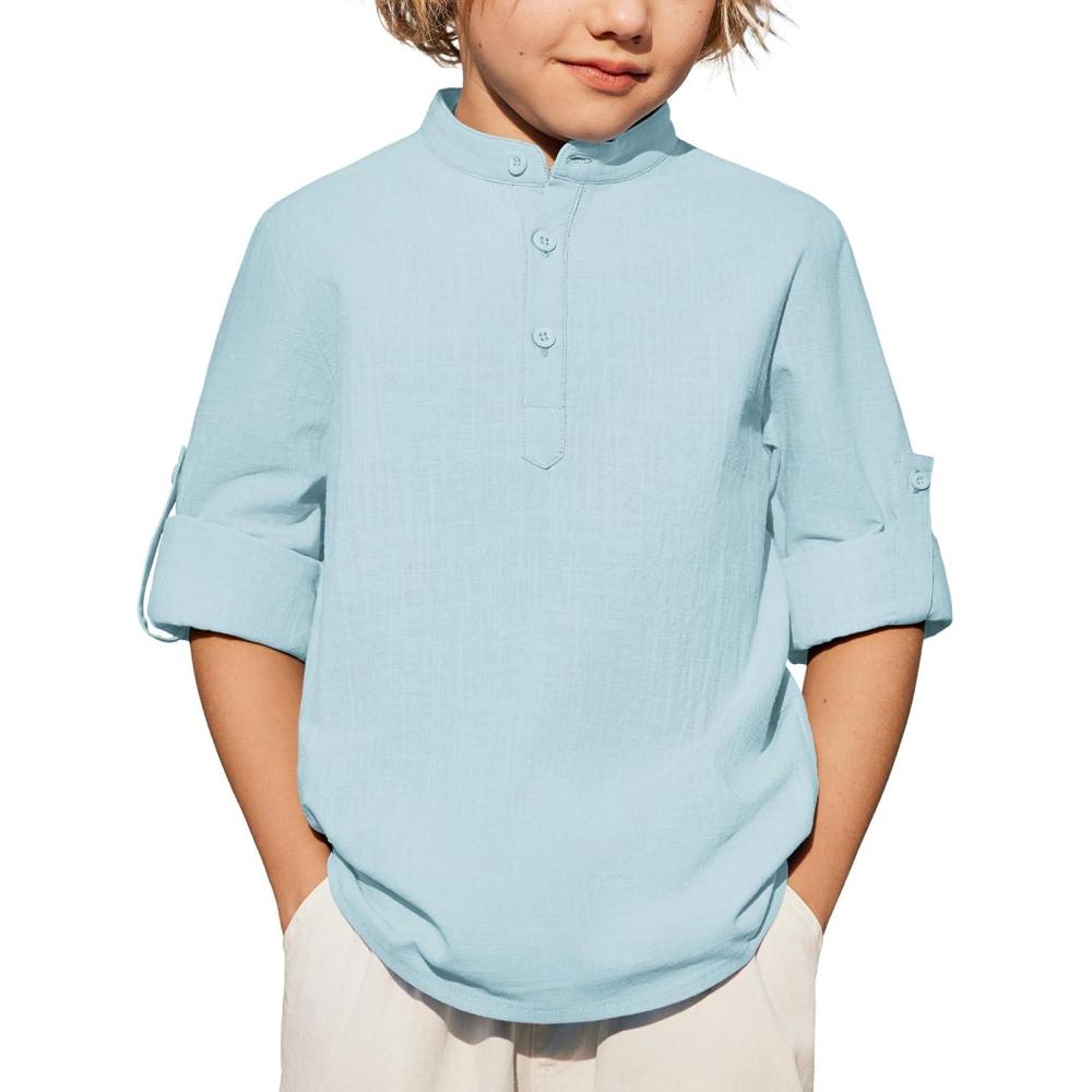 image:imageArshiner Boys Linen Henley Cotton Shirt Button Up Short Sleeve Beach Tee Casual Tops Size 412 YearsLight Blue