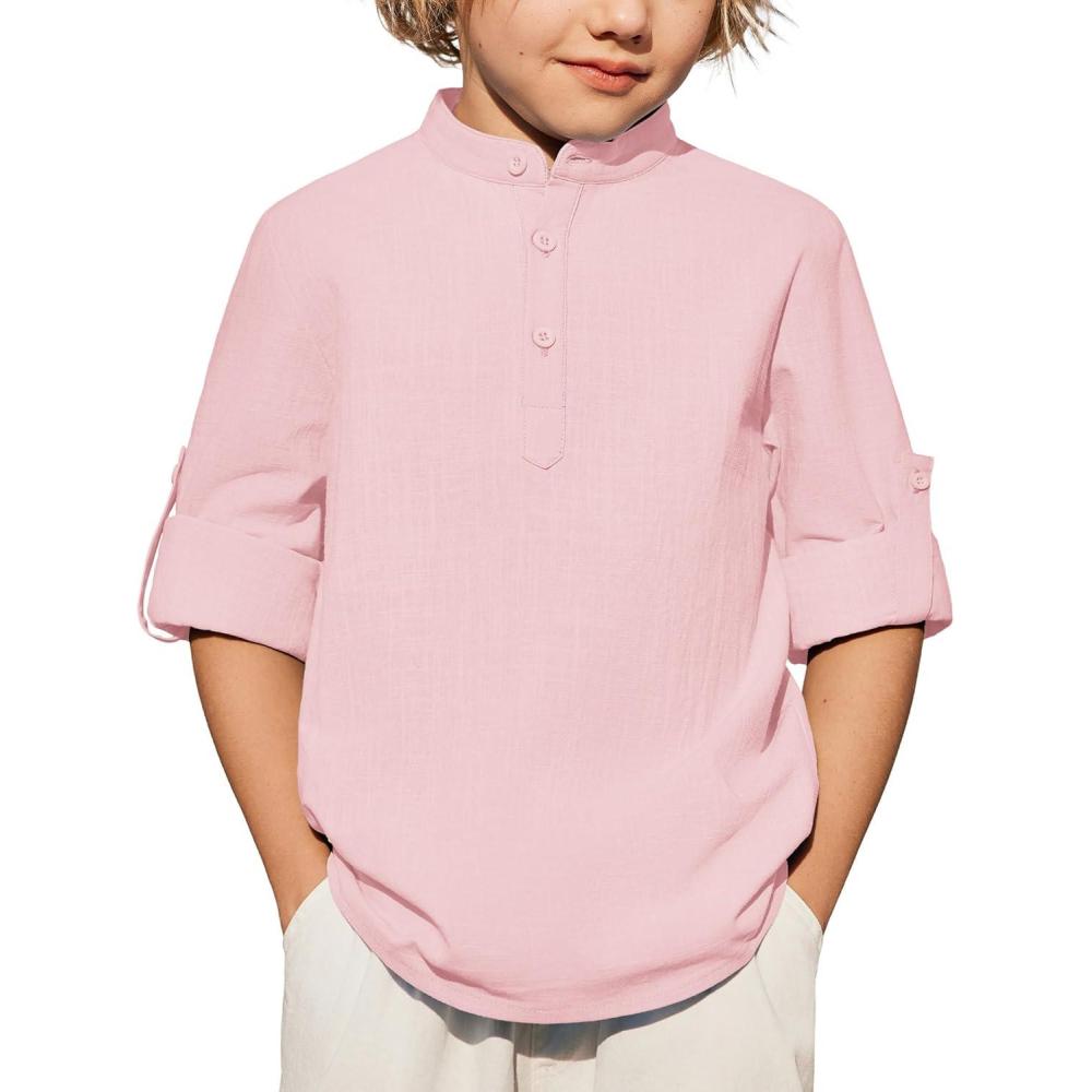 image:imageArshiner Boys Linen Henley Cotton Shirt Button Up Short Sleeve Beach Tee Casual Tops Size 412 YearsLight Pink