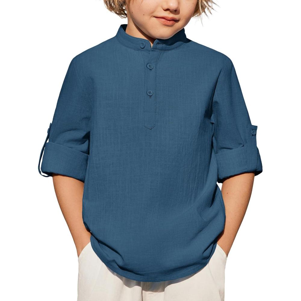 image:imageArshiner Boys Linen Henley Cotton Shirt Button Up Short Sleeve Beach Tee Casual Tops Size 412 YearsNavy Blue