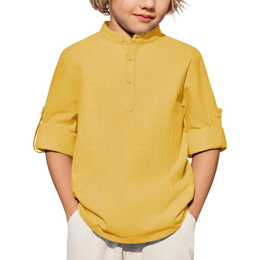 image:imageArshiner Boys Linen Henley Cotton Shirt Button Up Short Sleeve Beach Tee Casual Tops Size 412 YearsYellow