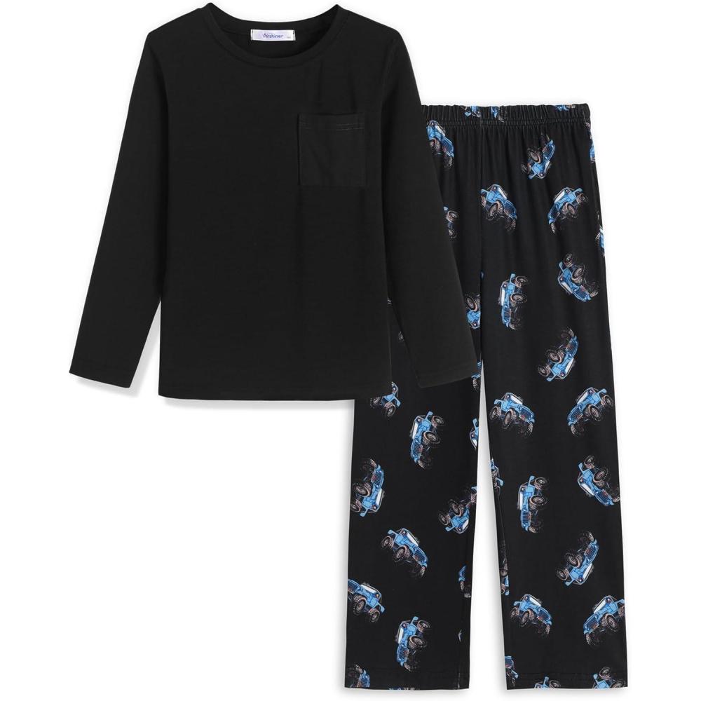 image:imageArshiner Boys Loosefit Pajamas Long Sleeve Top and Pants Car Print Black 2 Piece Pajama Set for Big Boys 1213 Years