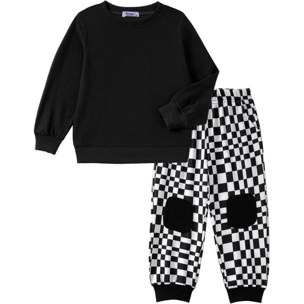 image:imageArshiner Boys Pant Sets Long Sleeve Black Shirts and Plaid Pants Crewneck Sweatshirt for Fall Winter 34T
