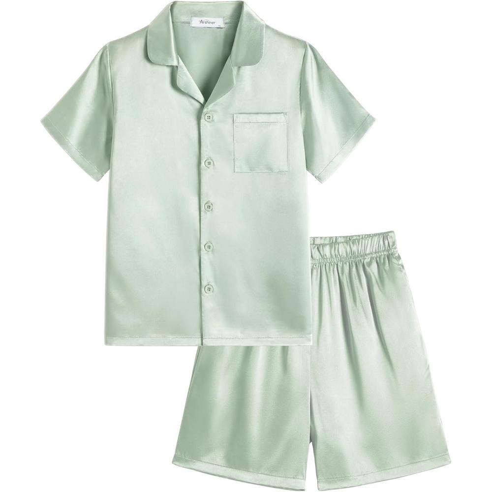 image:imageArshiner Boys Silk Pajamas Set Short Sleeve Button Down Satin Pjs for 413 YearsGreen