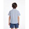 Arshiner Boys 2 Piece Hawaiian Outfits Button Down Shirt and Shorts Set Summer Vacation Clothes for 5-12 Years(Blue White Stripe/Navy)