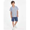 Arshiner Boys 2 Piece Hawaiian Outfits Button Down Shirt and Shorts Set Summer Vacation Clothes for 5-12 Years(Blue White Stripe/Navy)