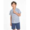 Arshiner Boys 2 Piece Hawaiian Outfits Button Down Shirt and Shorts Set Summer Vacation Clothes for 5-12 Years(Blue White Stripe/Navy)