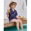 Arshiner Boys 2 Piece Hawaiian Outfits Button Down Shirt and Shorts Set Summer Vacation Clothes for 5-12 Years(Navy/Pink Flamingo)