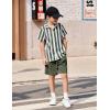Arshiner Boys 2 Piece Outfits Hawaiian Shorts Sets Button Down Shirt and Shorts Summer Beach Clothes for 2-12 Years(Green Stripe)