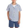 Arshiner Boys 2 Piece Hawaiian Outfits Button Down Shirt and Shorts Set Summer Vacation Clothes for 5-12 Years(Blue White Stripe/Navy)